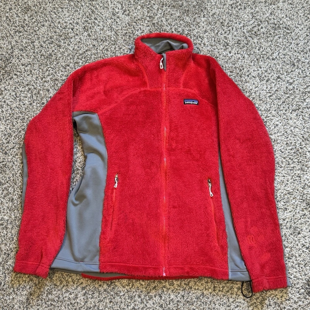 Women's Patagonia R Full Zip Fuzzy Fleece Polartec Jacket Red Gray Trim Size XL